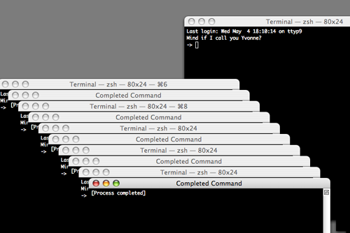 A screenful of freshly-created terminals, alternating normal and 'process completed'.